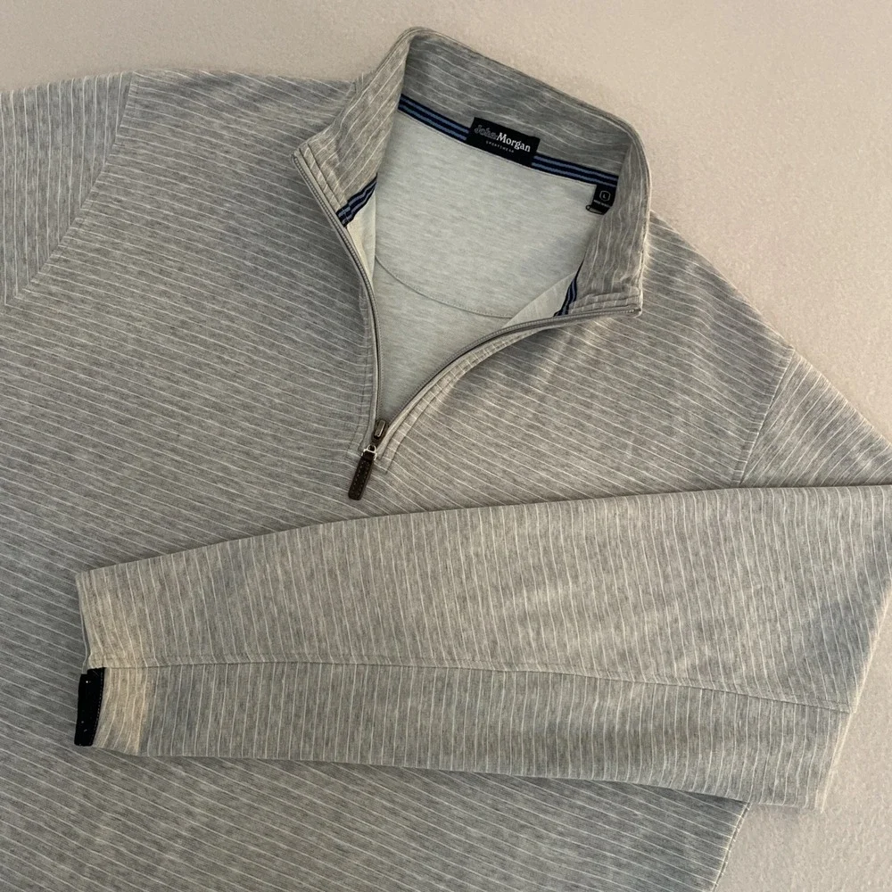 John Morgan LARGE Gray/White Striped 1/4 Zip Golf Pullover Cotton Poly EUC SOFT